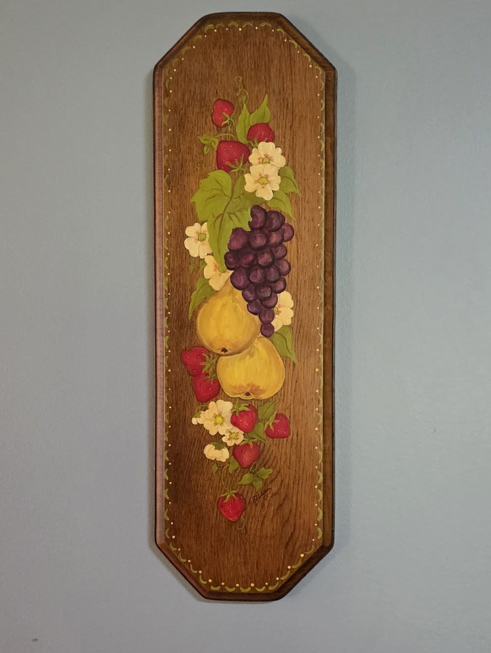 Hand-Painted 70s Fruit Motif Wall Plaque - Brown Wood Finish